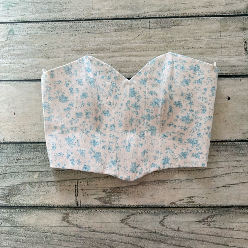 Zara white & blue floral crop corset bustier. M